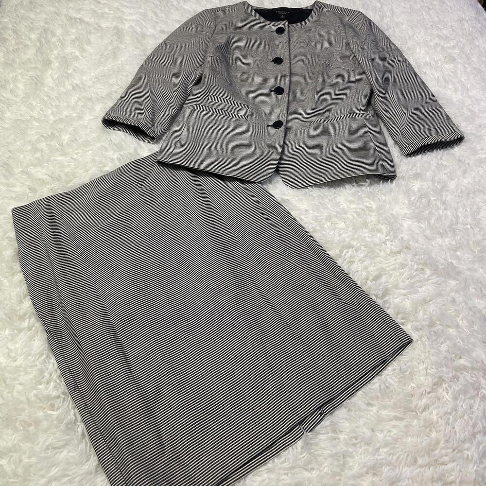 Talbots Knit Blazer Skirt Women's 4-Button Cotton Blend Stripe Navy White